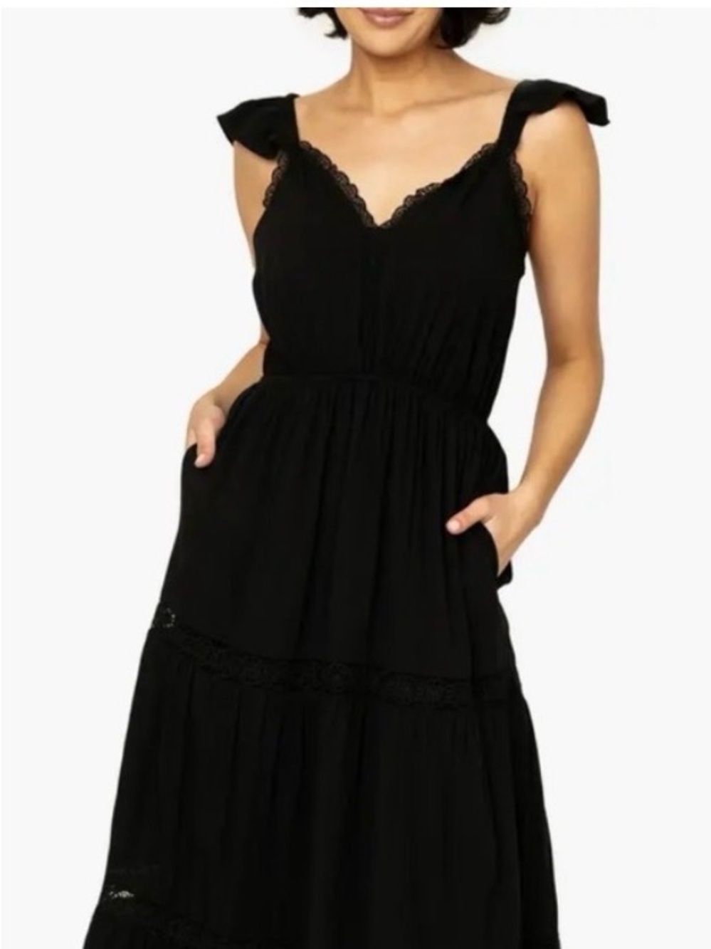 Gibsonlook Women's Black Tiered Maxi Dress with Pockets - NWT